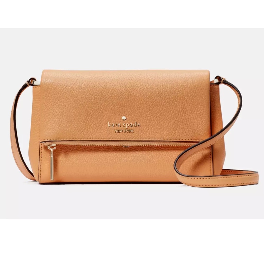 New Kate Spade Leila Mini Zip Crossbody Pebble Leather Orange Cream